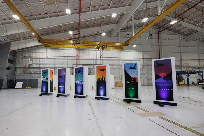 Illuminated banner displays lined up down the empty hangar floor during load-in