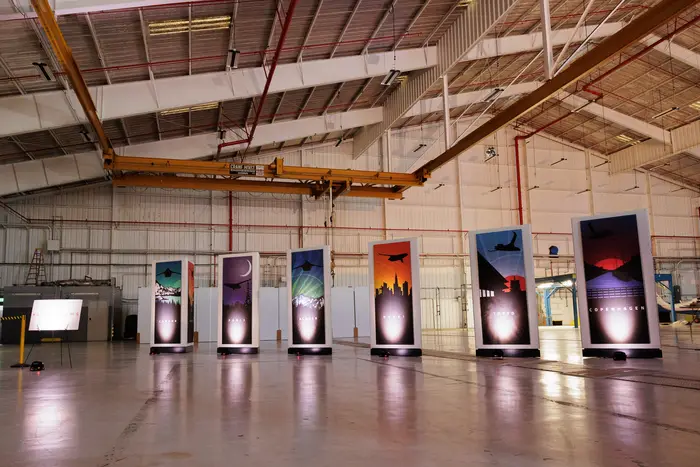 The banner walk lit, each panel carrying a different aircraft image