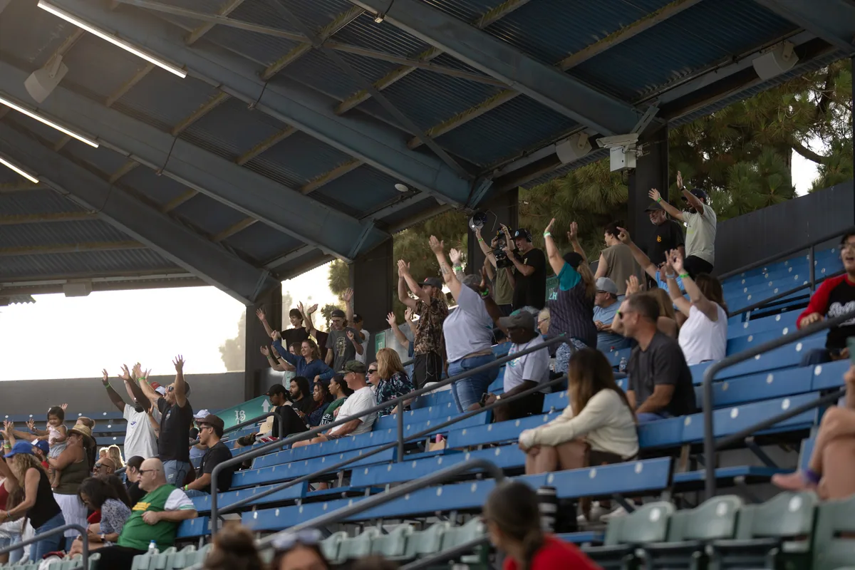 Fans standing in the blue seats behind the plate