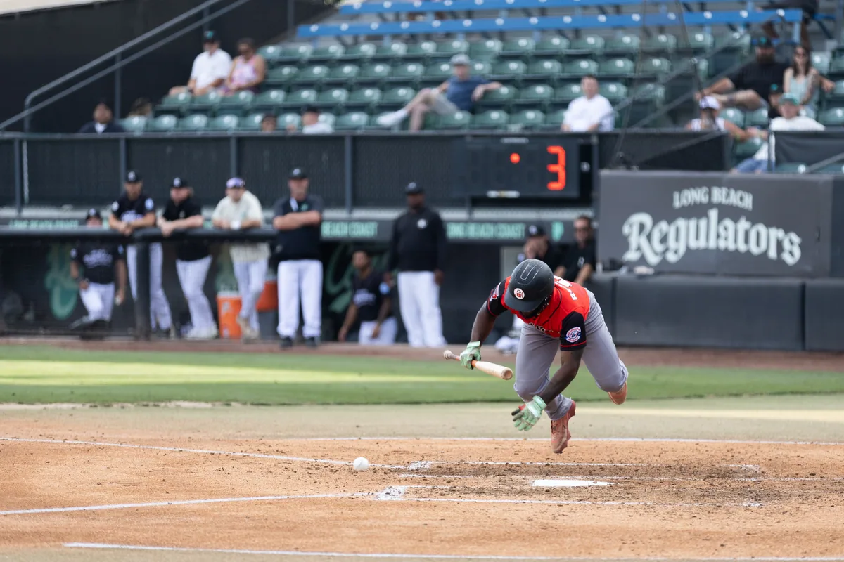 A batter at the plate with the Regulators outfield board behind him
