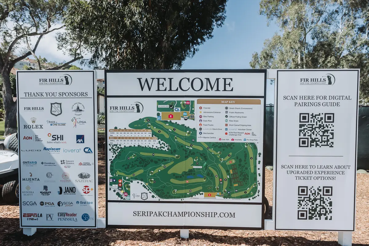 The tournament welcome board at Palos Verdes Golf Club, with the printed hole-by-hole course map and the full sponsor wall for the 2024 Fir Hills Seri Pak Championship
