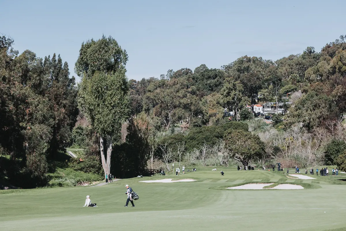 A Palos Verdes fairway running away between eucalyptus and coastal scrub before the gallery arrives