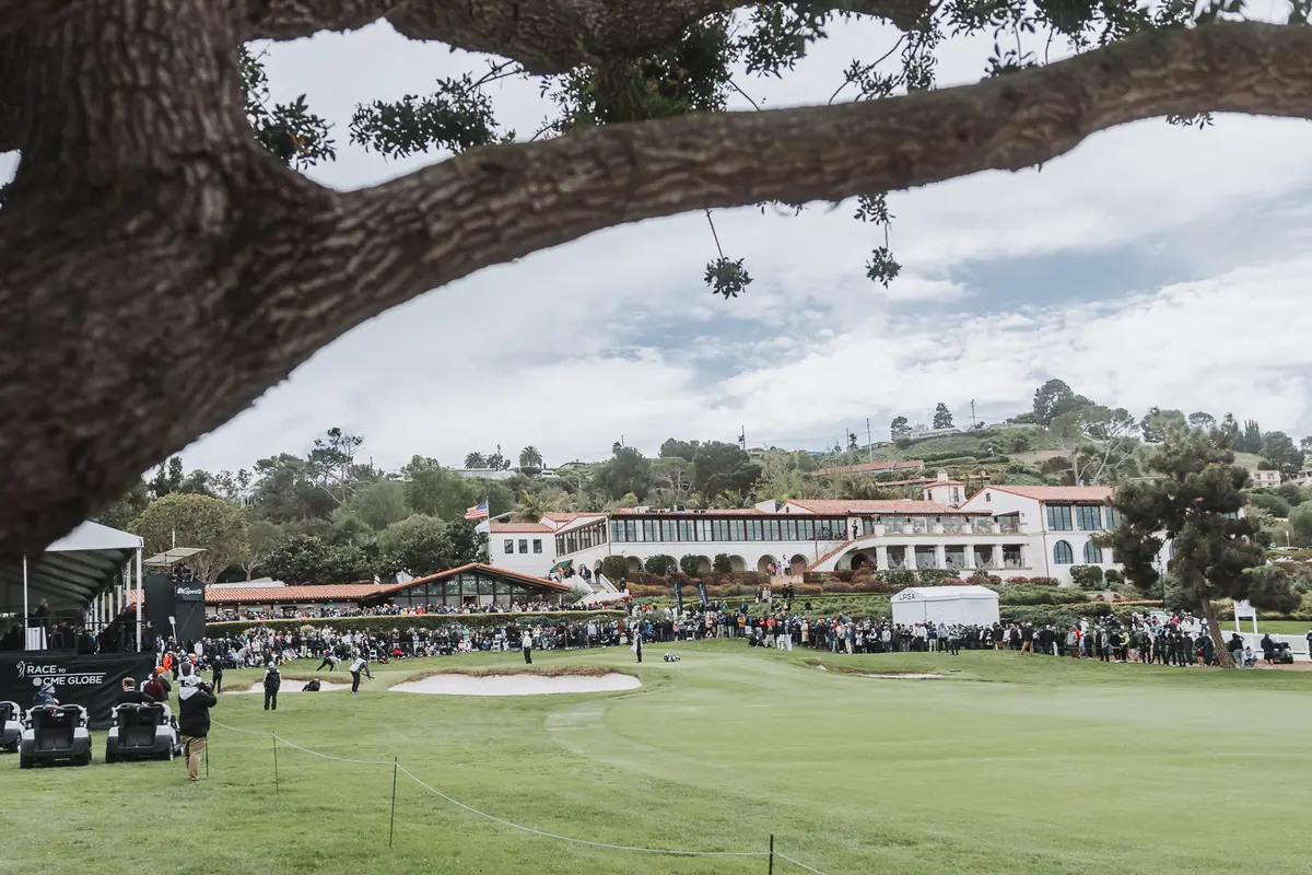 The clubhouse and the 18th green framed under the branch of an old oak at Palos Verdes Golf Club